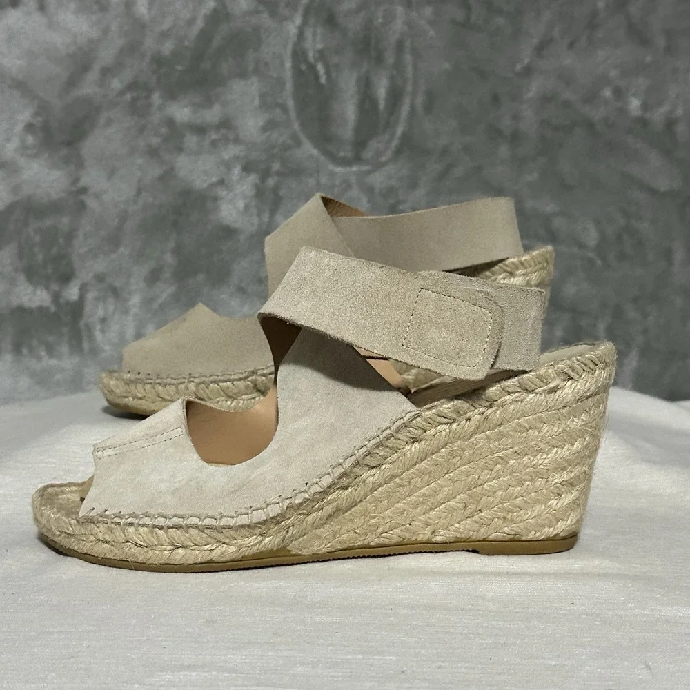 Bettye Muller Strappy Leather Espadrille Wedge Sandals Womens 7/37 Beige Coastal